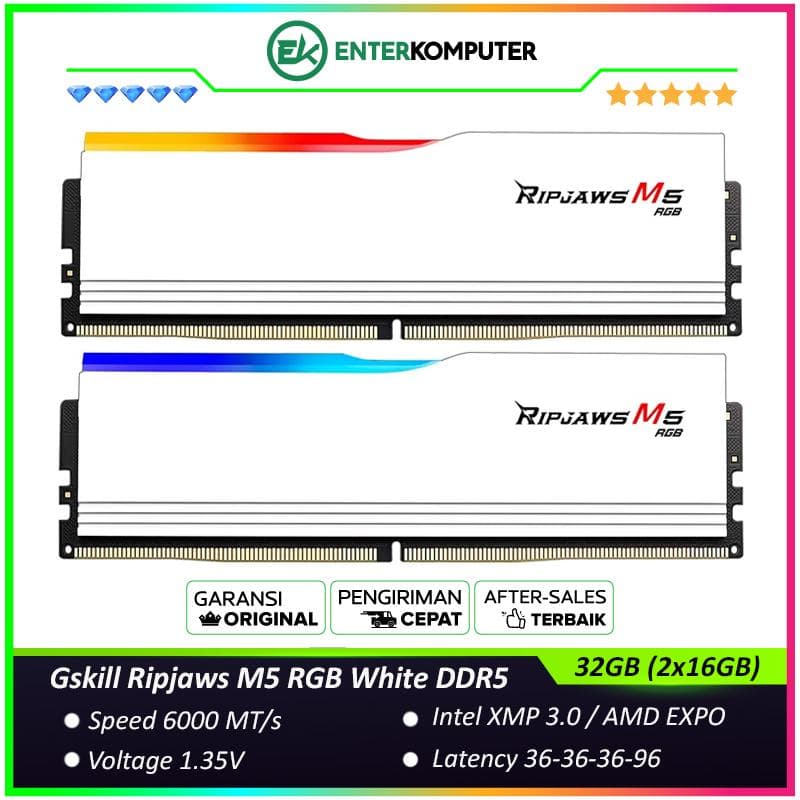 Gskill Ripjaws M5 RGB White DDR5 PC48000 6000MHz 32GB (2x16GB) 36-36-36-96 - F5-6000J3636F16GX2-RM5RW - foto 1