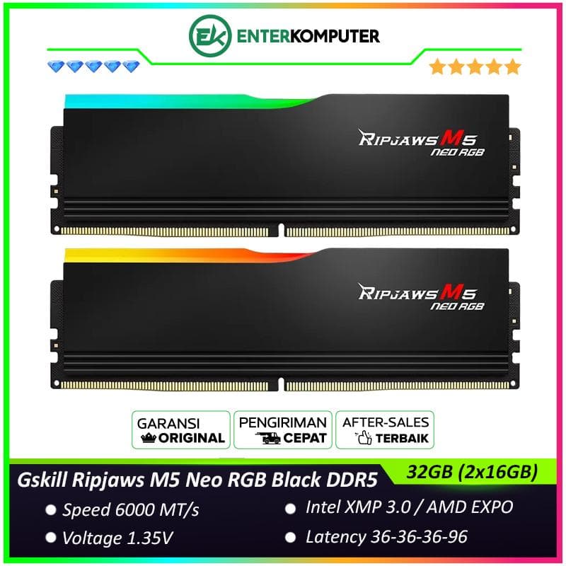Gskill Ripjaws M5 Neo RGB Black DDR5 PC48000 6000MHz 32GB (2x16GB) 36-36-36-96 - F5-6000J3636F16GX2-RM5NRK - foto 1