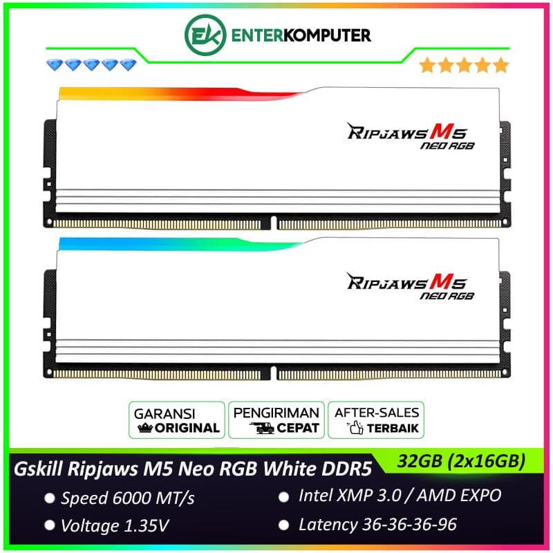 Gskill Ripjaws M5 Neo RGB White DDR5 PC48000 6000MHz 32GB (2x16GB) 36-36-36-96 - F5-6000J3636F16GX2-RM5NRW - foto 1