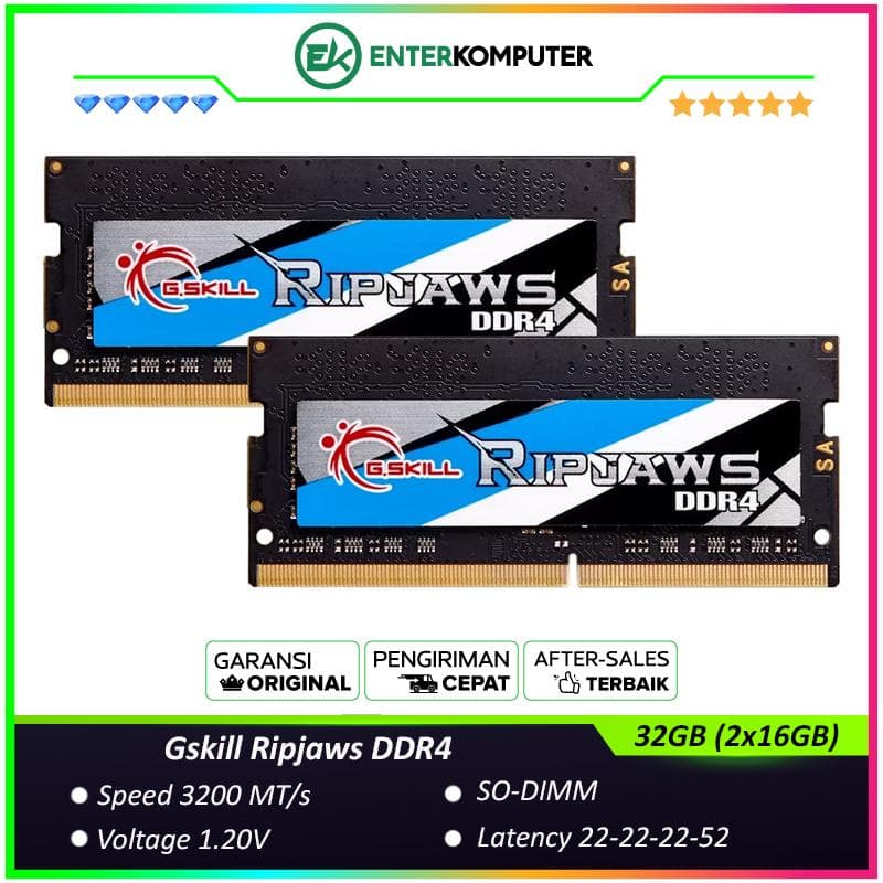Gskill Ripjaws SO-DIMM DDR4 PC25600 3200MHz 32GB (2x16GB) 22-22-22-52 - F4-3200C22D-32GRS - foto 1