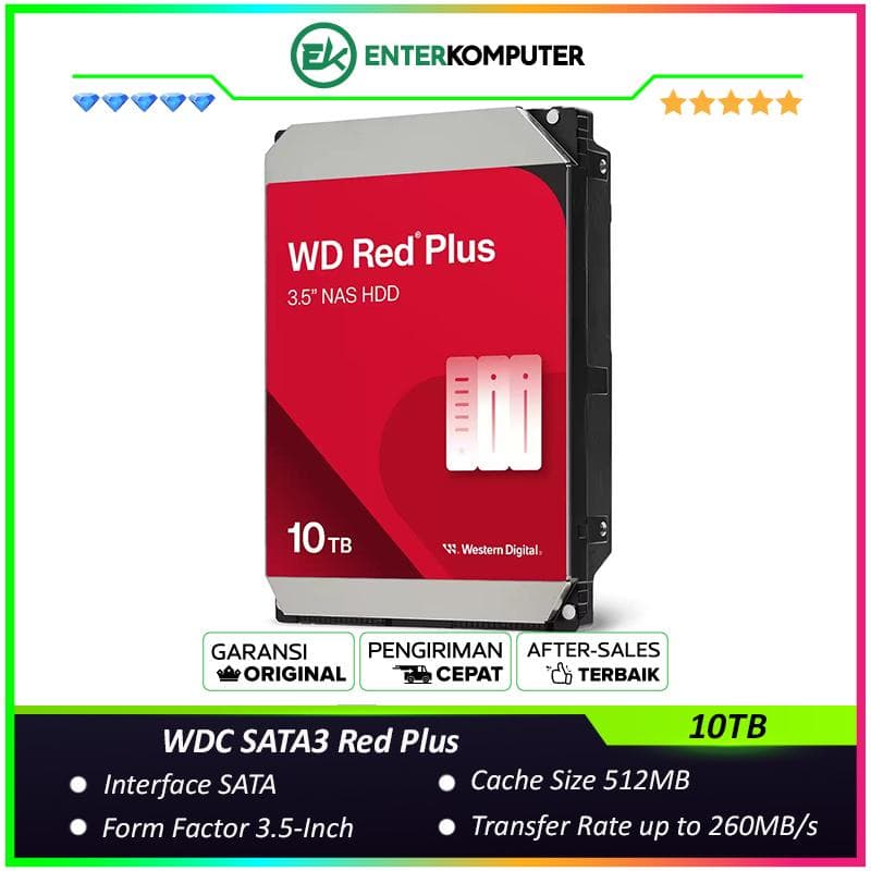WDC 10TB SATA3 512MB - Red Plus - WD100EFGX - Garansi 3 Th (For NAS) - foto 1