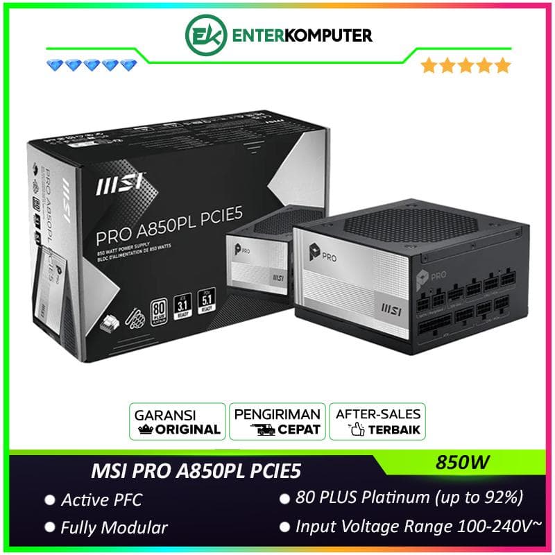 MSI PRO A850PL PCIE5 850W 80 Plus Platinum Full Modular - foto 1