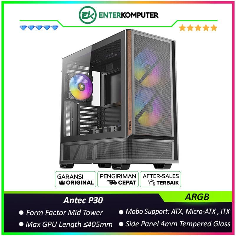 Antec P30 ARGB - Mid-Tower ATX Gaming Case - Metal Mesh Meets Premium Wood - Type-C 3.2 Gen 2 Ready - 4mm Tempered Glass Side Panel - Free 2Pcs 140mm PWM ARGB fans + 1Pc 120mm PWM ARGB fan + 2Pcs 120mm PWM Reverse fans - foto 1