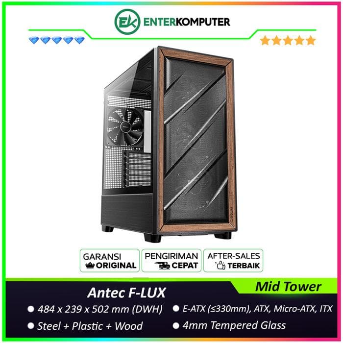 Antec FLUX - Mid-Tower Gaming Case - F-LUX Platform - 4mm Tempered Glass Side Panel - Premium Wood Material on Front Panel & Right Metal Panel - Type-C 3.2 Gen 2 Ready - FREE 3Pcs 120mm PWM Fans + 1Pcs 120mm Reverse PWM Fans + 1Pcs 140mm PWM Fans - foto 1