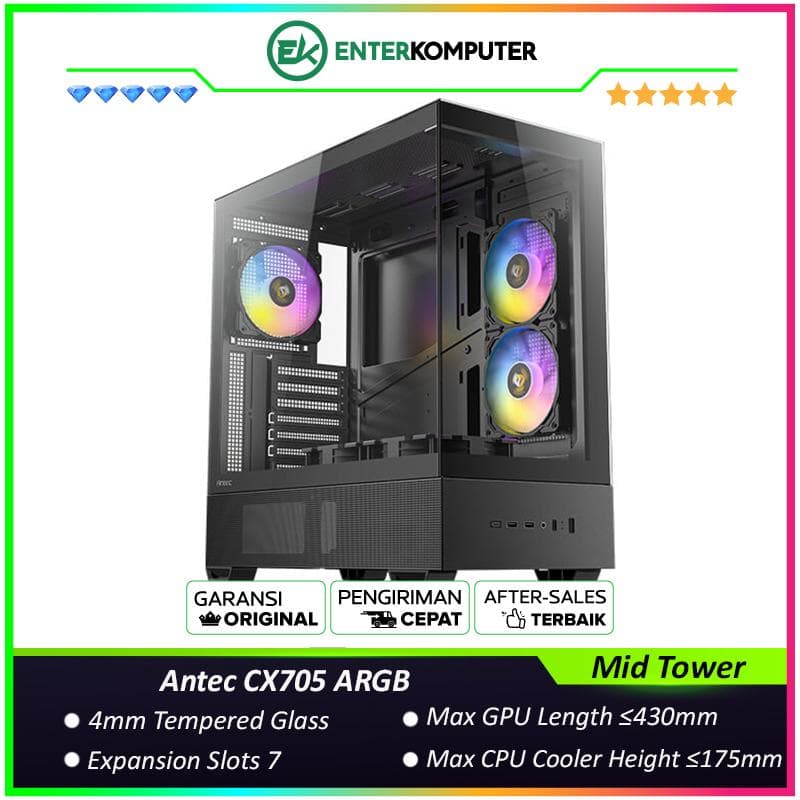 Antec CX705 ARGB - Mid-Tower Gaming Case - Panoramic View - 4mm Tempered Glass Side Panel - Type-C 3.2 Gen 2 Ready - Free 4Pcs 120mm ARGB Reverse PWM fans + 1Pc 120mm ARGB PWM fan - foto 1