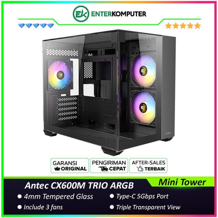 Antec CX600M TRIO ARGB - Mini Tower Gaming Case - Dual Chamber Design - 4mm Tempered Glass with Triple Transparent View - Type C Ready - Free 2Pcs 120mm ARGB Fans Reverse + 1Pcs 120mm ARGB Fans - foto 1