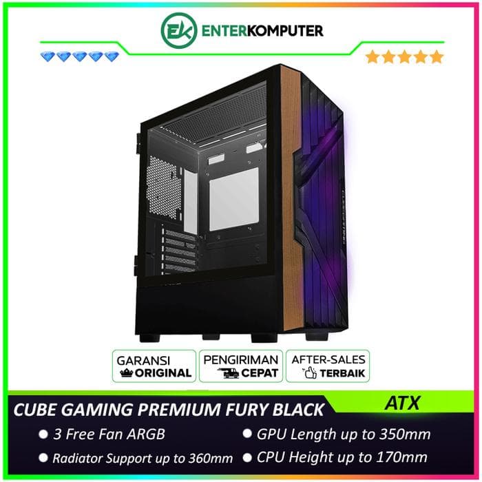 CUBE GAMING PREMIUM FURY BLACK - ATX Gaming Case - Front Mesh with WOOD Exotic Design & Left Side Tempered Glass with Hinged Panels - Dust Filter - PSU Cover - USB Type C Ready - Free 3Pcs 120mm ARGB Fan - foto 1