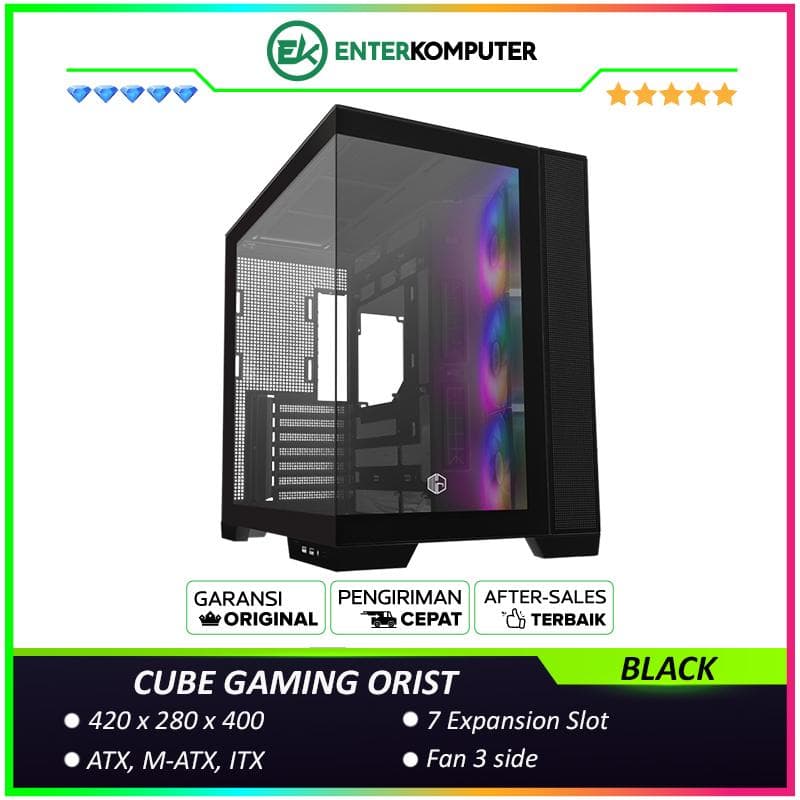 CUBE GAMING ORIST BLACK - ATX Gaming Case - BTF Mainboard Ready - Front & Left Side Tempered Glass with Tools Free - Aesthetic Dual Chamber Design - Airflow Potential - Dust Filter - FREE 3PCS 12CM ARGB FAN - foto 1