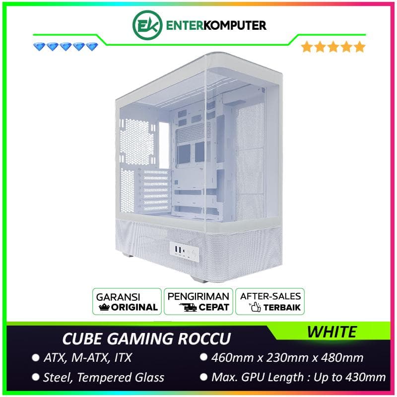 CUBE GAMING ROCCU WHITE - ATX Gaming Case - All White Inside - Panoramic View - BTF Mainboard Ready - Front Curve Design & Left Side Tempered Glass - Dust Filter - PSU Cover - foto 1