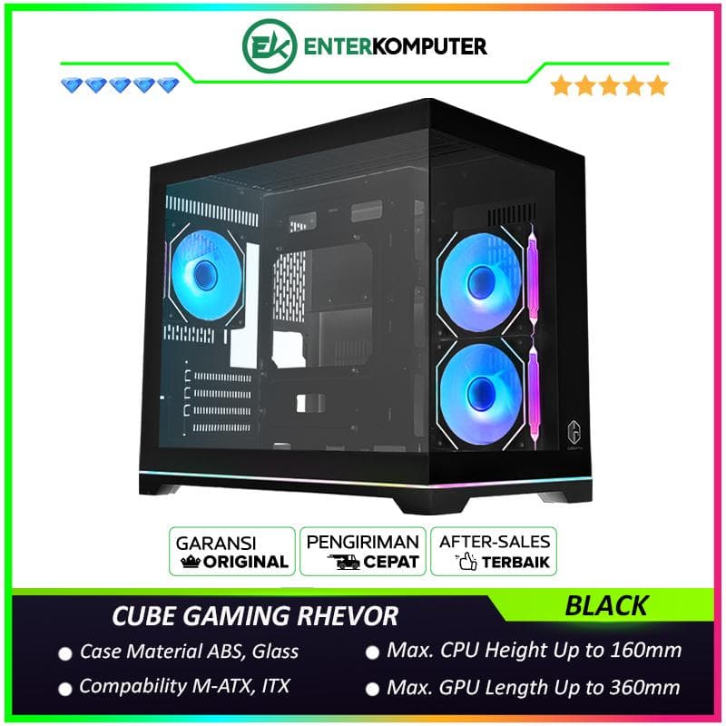 CUBE GAMING RHEVOR BLACK - mATX Gaming Case - Panoramic View - Aesthetic Mini Dual Chamber - Front & Left Side Tempered Glass with Bottom ARGB LED Strip - Dust Filter - FREE 2Pcs 120mm Reverse Infinity Mirror ARGB Fan + 1Pc 120mm Infinity Mirror ARGB Fan - foto 1