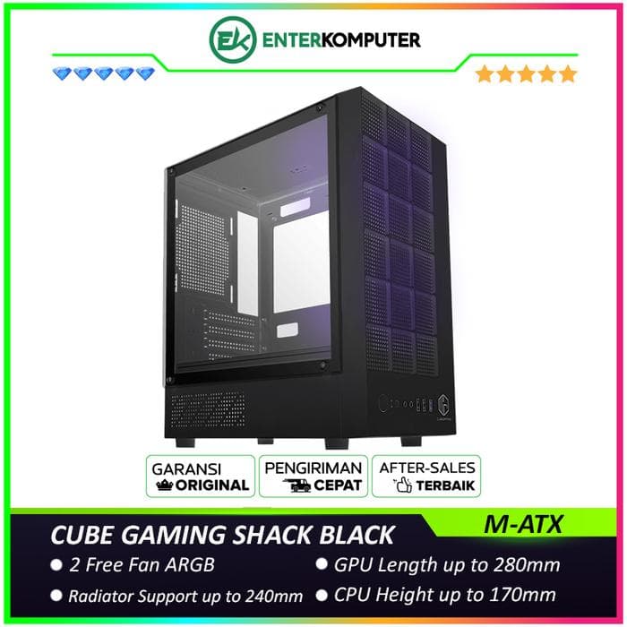 CUBE GAMING SHACK BLACK - mATX Gaming Case - Front Unique Design with Mesh & Left Side Tempered Glass - Dust Filter - FREE 2PCS 12CM ARGB Fan - foto 1