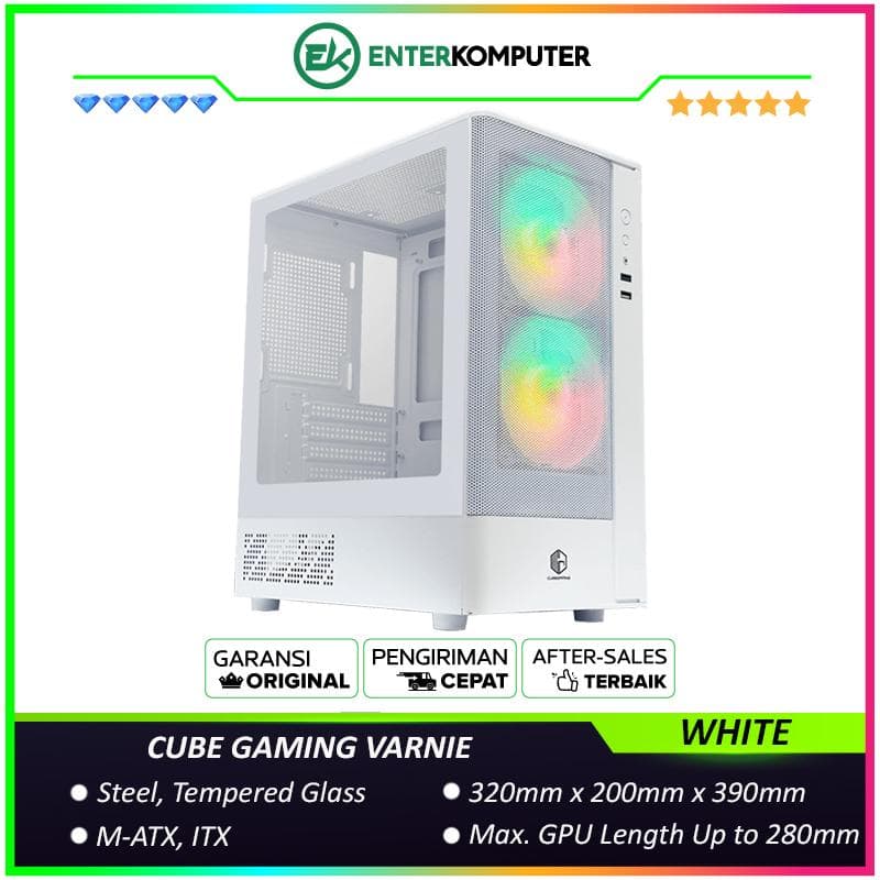 CUBE GAMING VARNIE WHITE - mATX Gaming Case - All White Inside - Front Mesh & Left Side Tempered Glass - PSU Cover - FREE 2PCS 12CM ARGB Fan - foto 1
