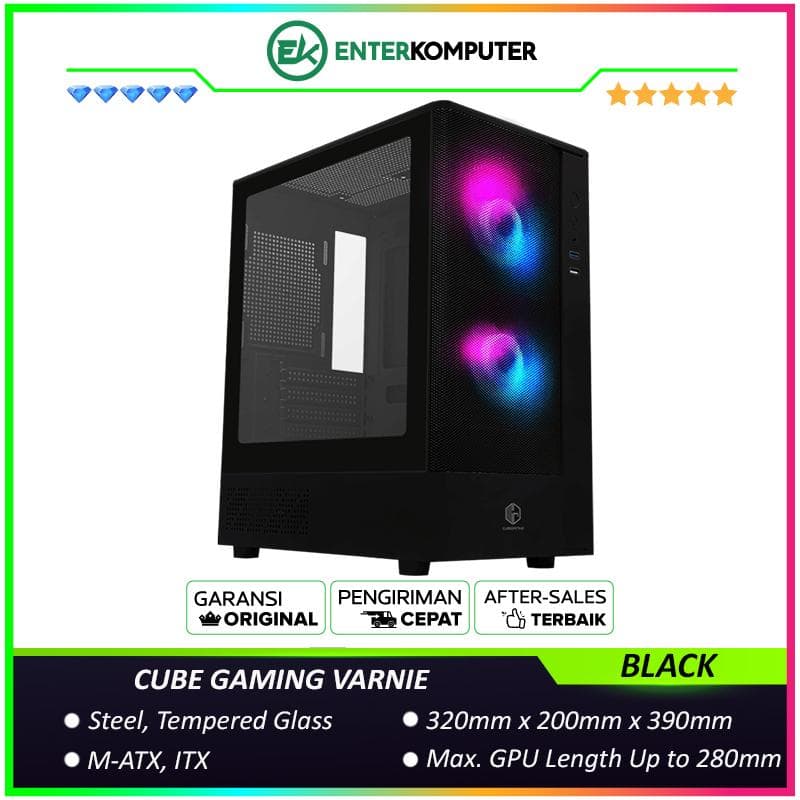 CUBE GAMING VARNIE BLACK - mATX Gaming Case - Front Mesh & Left Side Tempered Glass - PSU Cover - FREE 2PCS 12CM ARGB Fan - foto 1