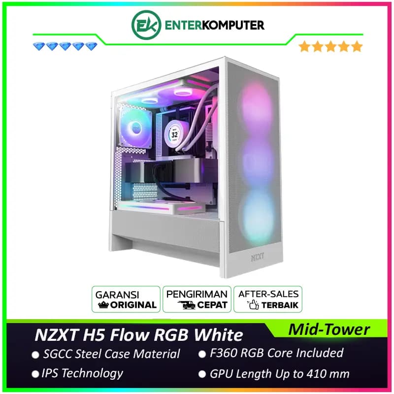 NZXT H5 Flow RGB White - Mid-Tower Airflow Case with RGB Fans - foto 1