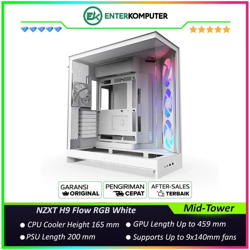 NZXT H9 Flow RGB White - Large Dual-Chamber Mid-Tower ATX Airflow Case with RGB - foto 1