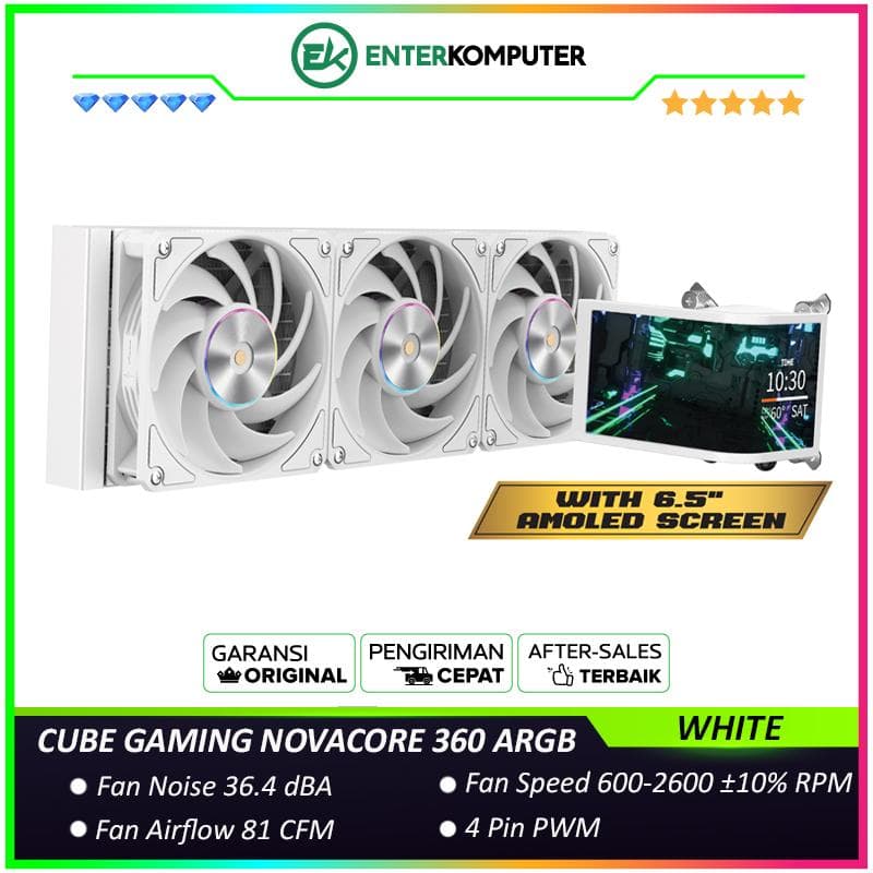CUBE GAMING NOVACORE 360 ARGB WHITE PERFORMANCE FAN Liquid Cooler - L-Shaped 6.5 AMOLED Screen - Magnetic Rotatable Pump Head with Custom Display - foto 1