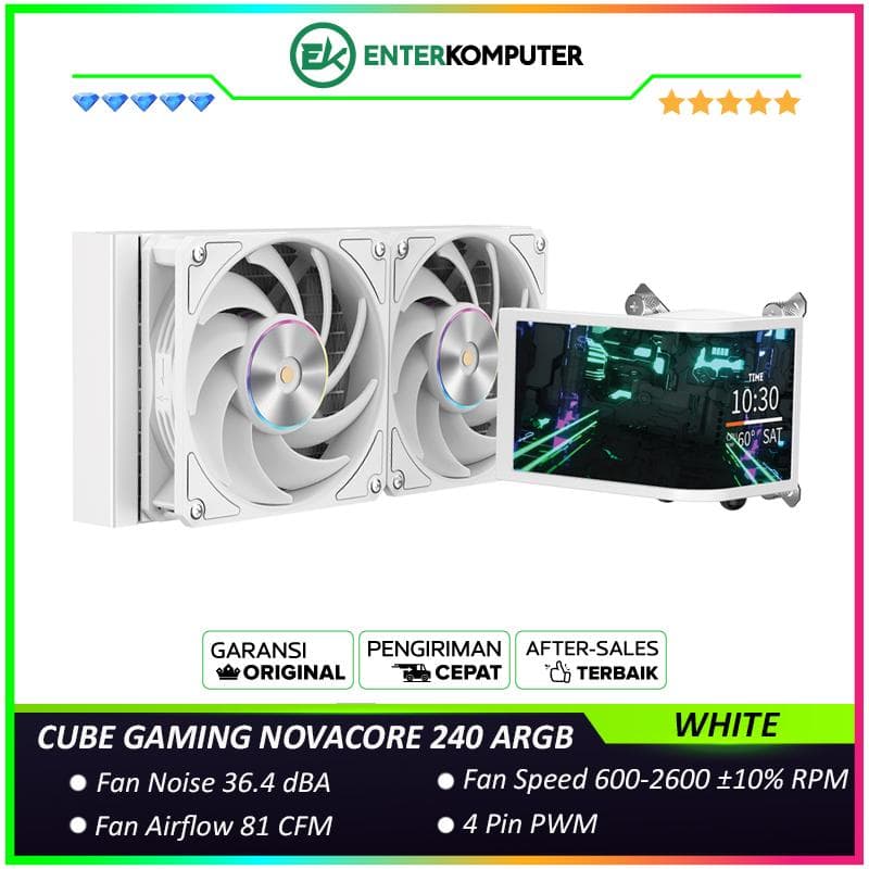 CUBE GAMING NOVACORE 240 ARGB WHITE PERFORMANCE FAN Liquid Cooler - L-Shaped 6.5 AMOLED Screen - Magnetic Rotatable Pump Head with Custom Display - foto 1