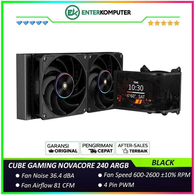 CUBE GAMING NOVACORE 240 ARGB BLACK PERFORMANCE FAN Liquid Cooler - L-Shaped 6.5 AMOLED Screen - Magnetic Rotatable Pump Head with Custom Display - foto 1
