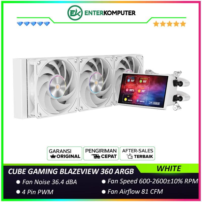 CUBE GAMING BLAZEVIEW 360 ARGB WHITE PERFORMANCE FAN Liquid Cooler - 5 IPS Screen Display - Magnetic Rotatable Pump Head with Custom Display - foto 1