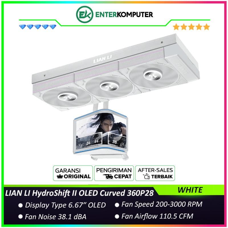 LIAN LI HydroShift II OLED Curved 360P28 WHITE with 6.67″ 2K 60Hz Curved OLED Screen - Built In 3D Effects - Boldly Unique, Brilliantly Upgraded and Performance Turbo Mode - Magnetic Hot-swap Display - Side-Mounted Design with Optimized Cable Managment - foto 1