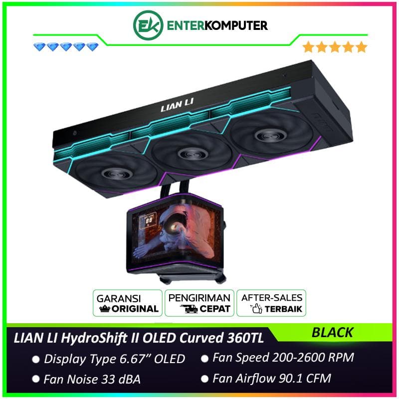 LIAN LI HydroShift II OLED Curved 360TL BLACK with 6.67″ 2K 60Hz Curved OLED Screen - Built In 3D Effects - Boldly Unique, Brilliantly Upgraded and Performance Turbo Mode - Magnetic Hot-swap Display - Side-Mounted Design with Optimized Cable Managment - foto 1