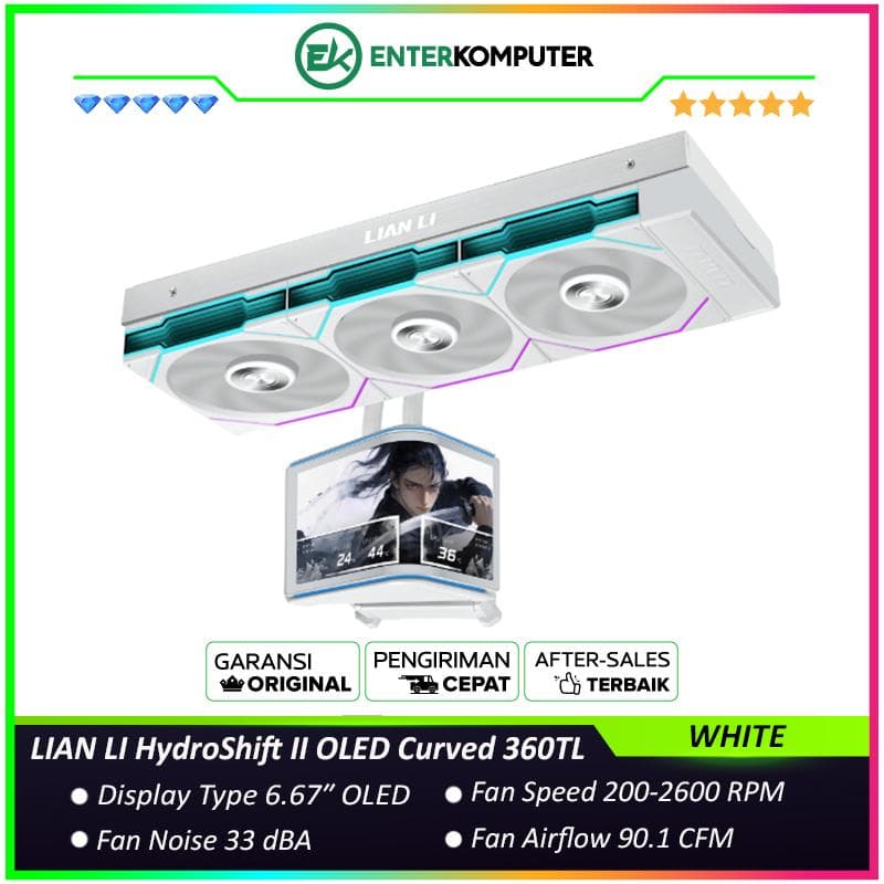 LIAN LI HydroShift II OLED Curved 360TL WHITE with 6.67″ 2K 60Hz Curved OLED Screen - Built In 3D Effects - Boldly Unique, Brilliantly Upgraded and Performance Turbo Mode - Magnetic Hot-swap Display - Side-Mounted Design with Optimized Cable Managment - foto 1